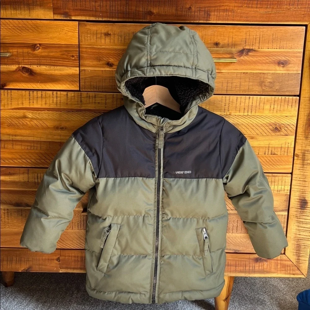 Lands' End Green and Black Hooded Jacket Boys Fleece Lined Coat